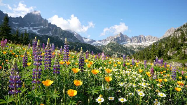 Vibrant alpine meadow bursting with colorful wildflowers, including purple lupines, yellow poppies, and white daisies, set against a backdrop of majestic snow-capped mountains under a clear blue sky.