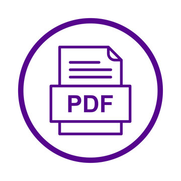 Purple outline icon of a pdf document file within a circular frame transparent background