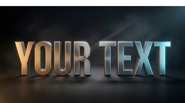 Metallic 3D text "YOUR TEXT" with golden and cyan lighting