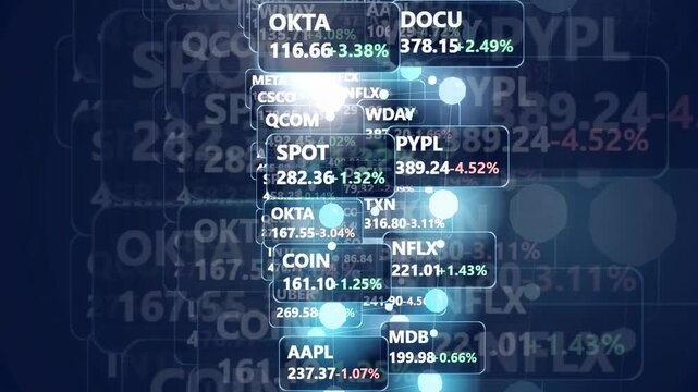 Abstract digital stock market data visualization with floating financial tickers and glowing network connections
