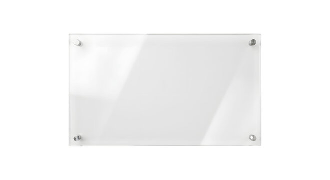 Clear acrylic sign board mockup with silver metal standoffs isolated on transparent background