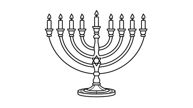 Black and white line art illustration of a traditional jewish hanukkah menorah
