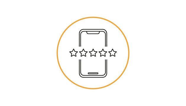 Simple line icon showing five stars review across mobile phone screen within a thin gold circular frame.