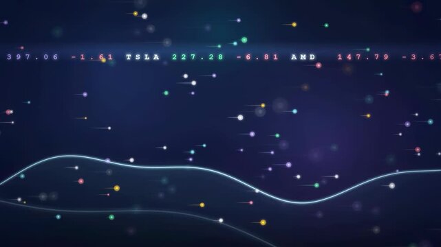 Abstract digital financial data visualization with flowing lines and floating stock market ticker symbols