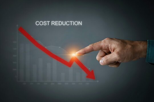 Hand pointing at a downward trending red arrow graph labeled cost reduction on a dark screen