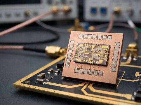 Gallium Nitride MMIC power amplifier chip with gold wire bonds on a copper carrier