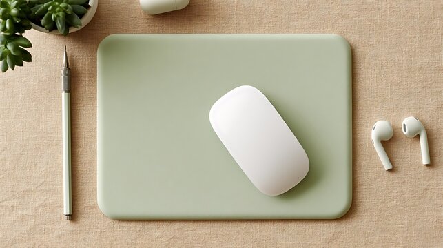 Wireless mouse and earbuds on green desk pad
