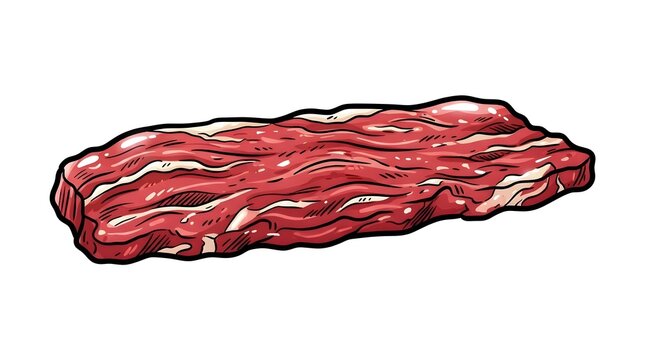 Detailed color vector drawing of a raw bacon strip with fat marbling, ideal for breakfast menus or butcher shop graphics.