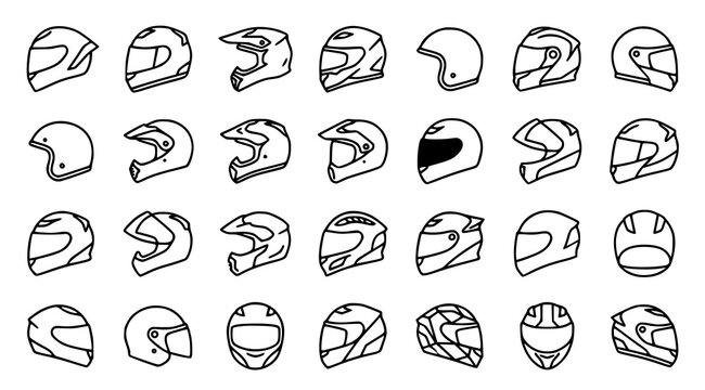 Modern racing motorcycle helmet icons with full face motocross visor biker safety and protective vector set
