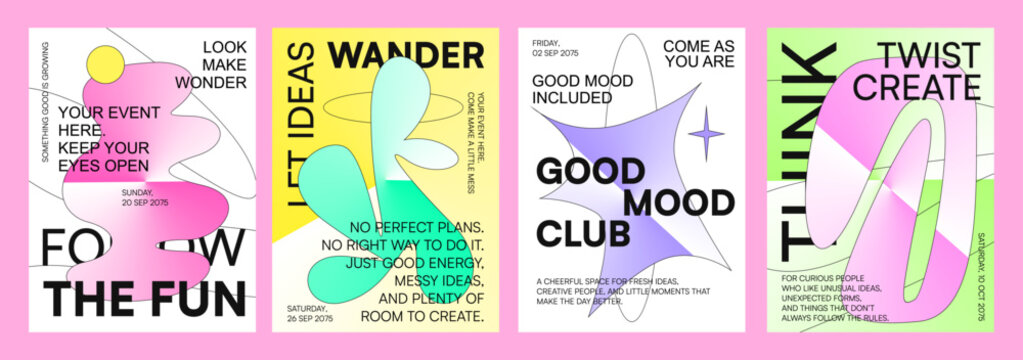 Maximalist vibrant poster set marketing design. Event flyer creative layout concept. Social media graphic branding template. Promotional visual bold colorful style.