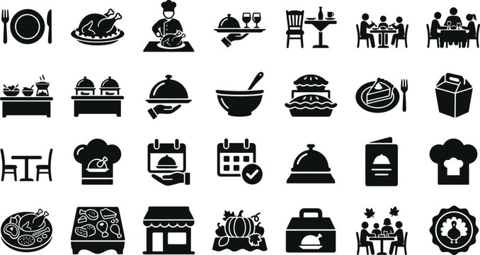 Thanksgiving Dinner Restaurant Service Silhouette Icons