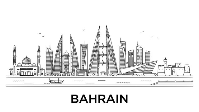 Minimalist black and white line art illustration of the bahrain city skyline