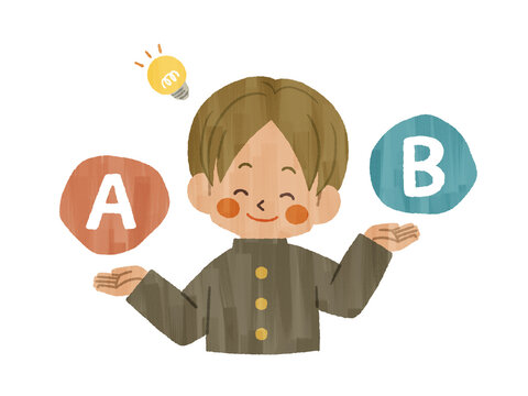 比較をしている笑顔の男子学生-ガッシュ