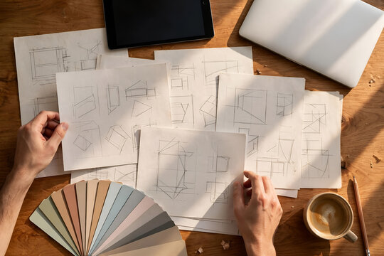 Creative designer reviewing architectural sketches and color palette swatches on wooden desk with design process designer hands paper documents office table interior design