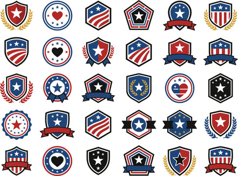 Collection of various american patriotic shield and badge designs with stars and stripes elements for graphic design projects