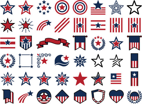 Collection of hand drawn patriotic american flag stars and stripes design elements for independence day celebration