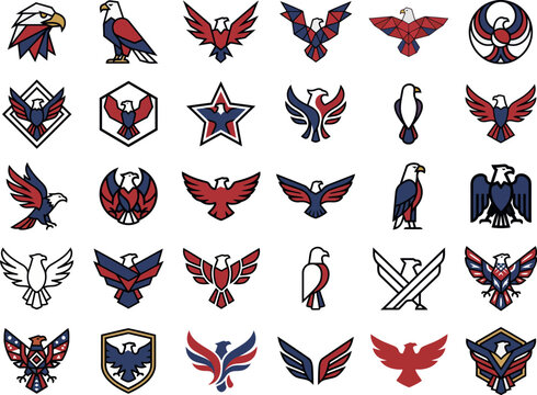 Collection of various eagle and hawk bird logo designs for sports teams and corporate branding identity