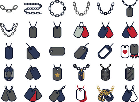 Set of various military dog tags and metal chains isolated on a white background for design projects