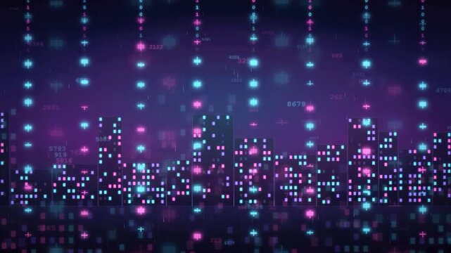 Abstract digital city skyline with glowing purple and blue data particles and binary code