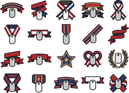 Set of various military dog tags with colorful ribbons and decorative award medals for veteran recognition