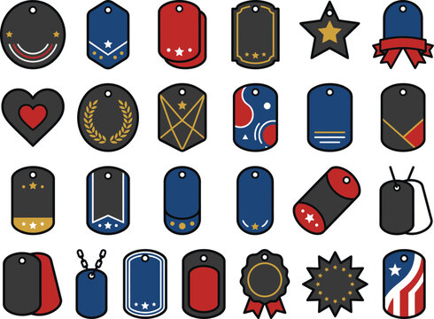 Collection of various military dog tags with diverse designs and patterns on a white background