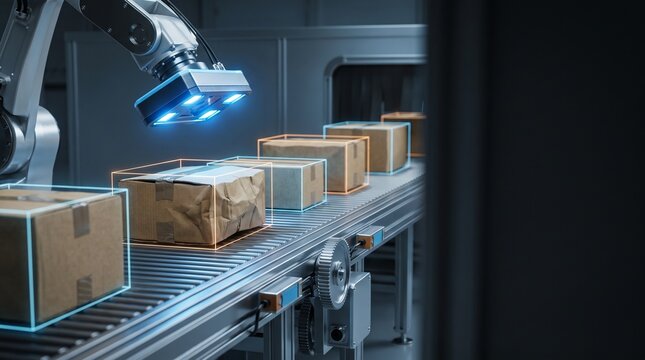 Robotic arm scanning cardboard boxes on conveyor belt, automated smart factory logistics, industrial AI quality control system