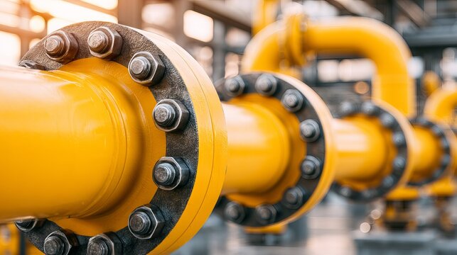 Large yellow industrial pipes with bolted flanges curve through a facility, displaying complex machinery representing the energy sector's infrastructure