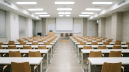 Fototapeta premium Blurred university lecture hall, empty classroom with rows of desks and chairs, modern seminar room for corporate training