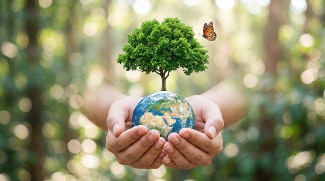 m Environmental conservation concept with hands holding earth globe and green tree. Sustainability and ecology protection. Earth day awareness.