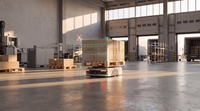 Autonomous mobile robot carrying pallet in modern warehouse, automated guided vehicle transporting cargo, smart logistics concept