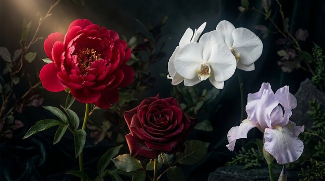 A beautiful arrangement of red peony white orchid red rose and purple iris flowers