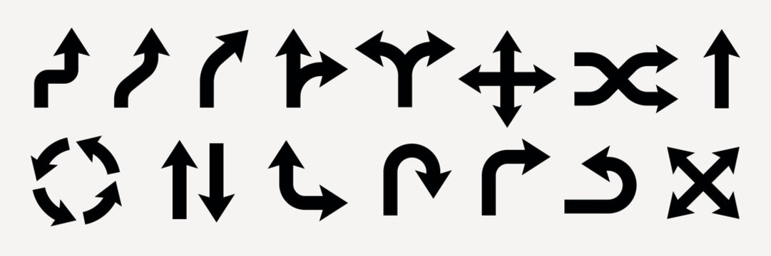 Vector set of black directional arrows on a light background.