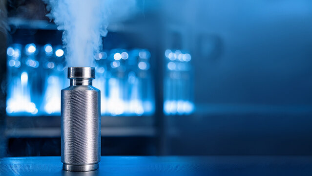 Stainless steel cryogenic vial with nitrogen vapor and blurred laboratory background banner.