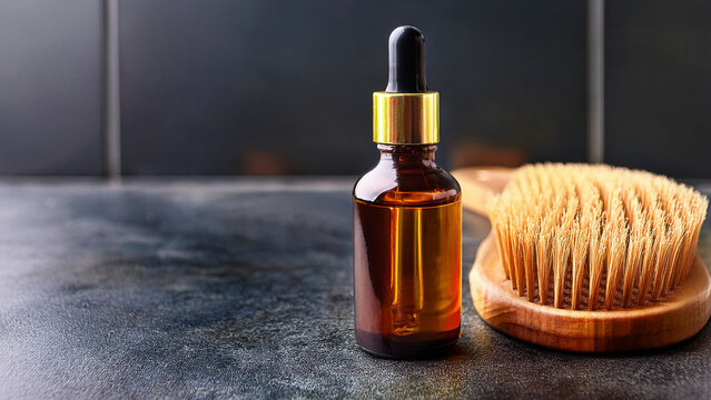Amber glass beard oil bottle with wooden comb and blurred bathroom background banner.