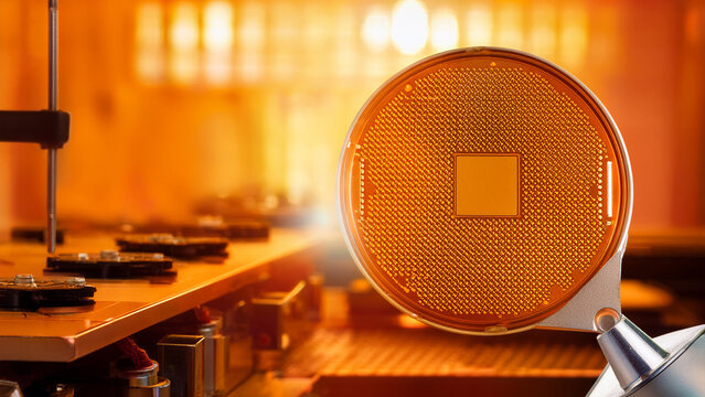 Silicon microchip wafer on vacuum tool with blurred semiconductor cleanroom background banner.
