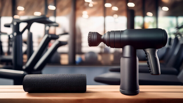 Matte black massage gun with foam roller and blurred gym background banner.