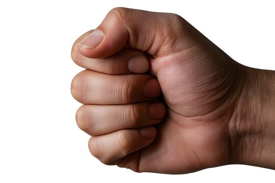 Hand holding something, partially curled into a fist, isolated on white background. Gesture indicating a grasp or hold, ideal for interaction and communication concepts. Close up