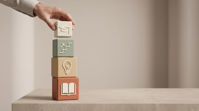 Strategic skill development concept with hand stacking educational blocks representing corporate training and continuous learning