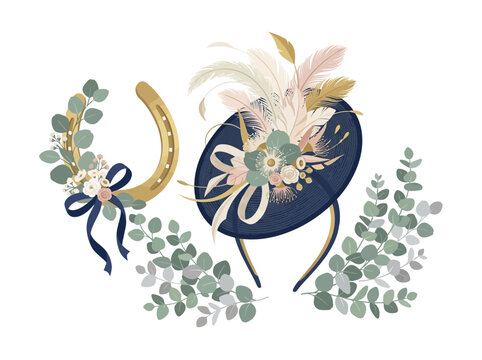 Elegant navy blue fascinator hat and golden horseshoe decorated with lush eucalyptus leaves and delicate floral arrangement isolated on white