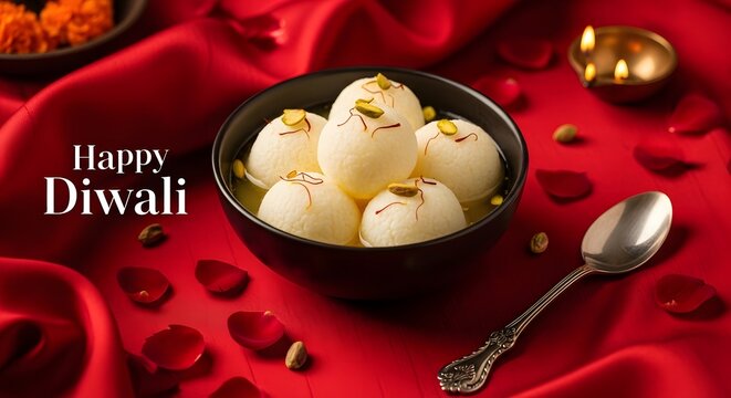 Traditional indian dessert rasgulla served in a bowl for the hindu festival of diwali celebration