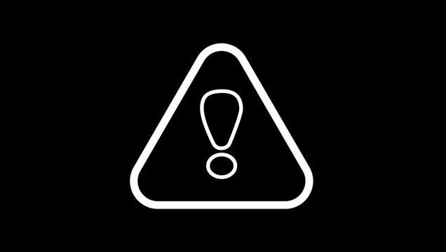 Minimalist warning sign animation: white exclamation mark in triangle on black background, caution alert.counting alert.