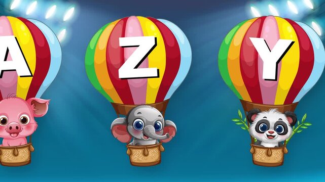 Animated Alphabet Hot Air Balloons with Cute Cartoon Animals Floating
