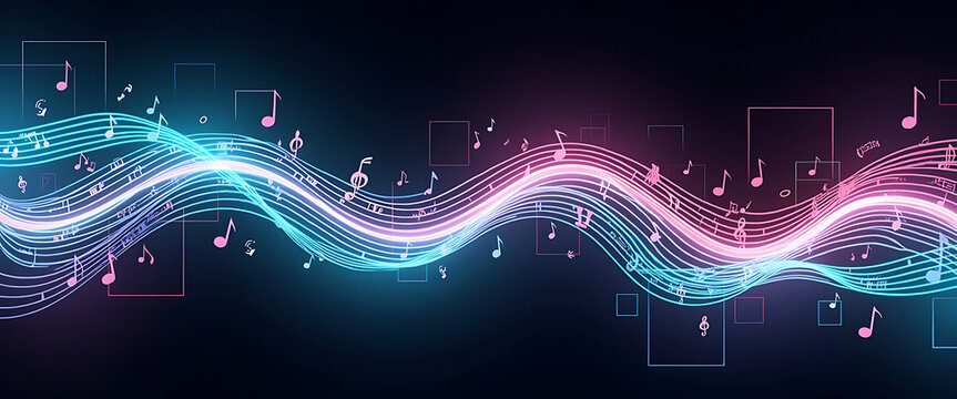 Abstract musical notes and sound waves with blue and pink neon glow on dark background used for digital art and graphic design projects.