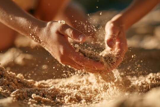 Child hands sifting dry sand through fingers in sunlight