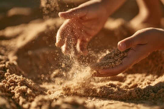 Child's hands sifting sand in warm sunlight, evoking childhood and summer