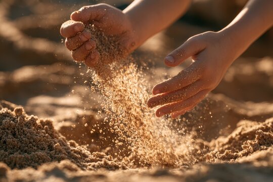 Children&rsquo;s hands let golden sand fall in warm sunlight during beach play
