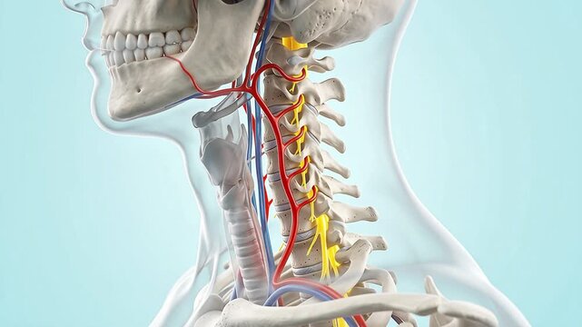 3D Human Cervical Spine with Nerves and Blood Vessels Neck Anatomy