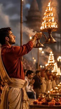 Man performing aarti with lit lamps during a religious ceremony  