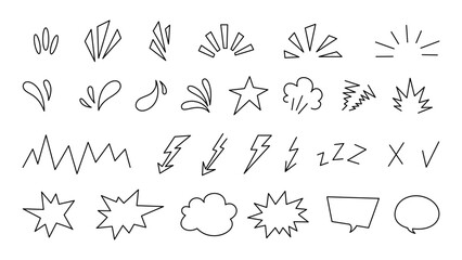 Fototapeta premium Comic book design element set lightning burst sweat drops star speech bubbles sound effects on transparent background isolated, hand drawn outline vector illustration collection