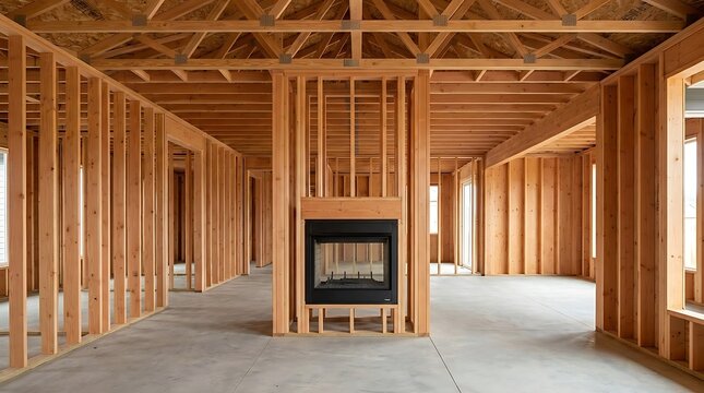 New residential home construction framing with wood studs and open floor plan interior